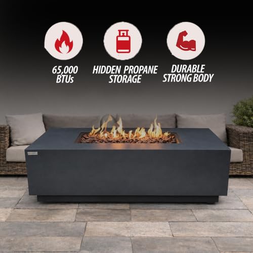Image of AMS Fireplace Genuine Concrete Rectangular Propane Fire Pit Table for Outside Patio (66 inch Sedona) | Hidden Tank Drawer & Electronic Ignition | Bundle w /Wind Guard, Burner Lid & Cover (Dark Gray)