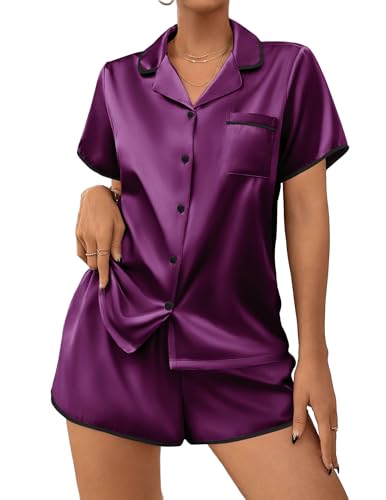 Image of Ekouaer Womens Satin Pajamas Set 2 piece Silky Buttton Down Short Pjs | Silk Notch Collar Top and Soft Shorts Lounge Set for Sleep, Daily Wear, Home, Wedding, Party