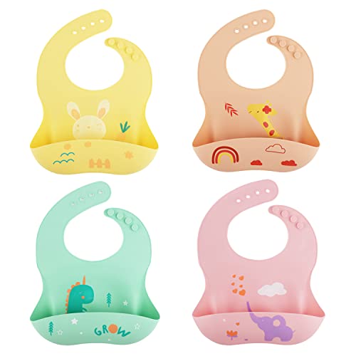 Image of 4pcs Silicone Bibs for Babies, Large Front Pocket Silicone Bib BPA Free Waterproof Baby Feeding Bibs with Food Catcher Pocket Silicone Bib for Toddlers 6 to 12 months