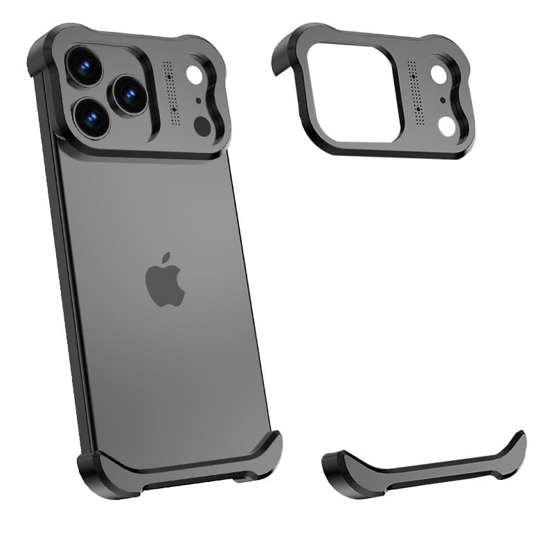 Losin Compatible with iPhone 17 Pro Frameless Case, Aluminum Metal Borderless Design, with Fragrance and Camera Lens Protector, Shockproof Bumper Case, Black