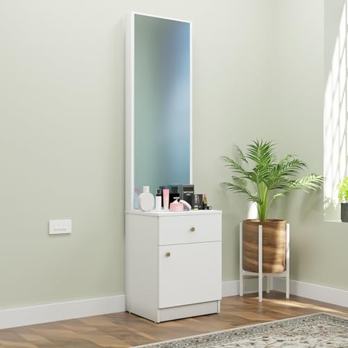 Image of VIKI | Engineered Wood Dressing Table with 1 Drawer & 1 Door, Mirror and Huge Storage Space | Vanity for Living Room, Bedroom (Frosty White - 43.8W x 40D x 182.6H cms)