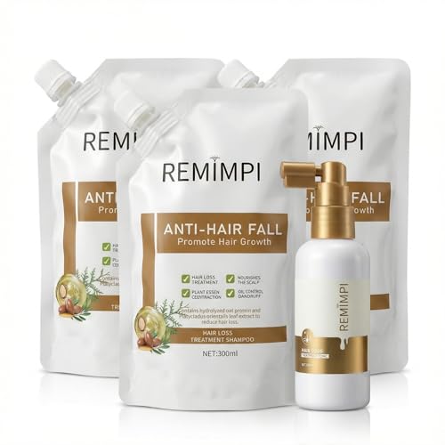 REMIMPI Anti Hair Loss Shampoo & Scalp Tonic Set Strengthening Hair Care for Thinning Hair Oil Control & Anti-Dandruff Long-Term Scalp Balance 3 Shampoo + 1 Tonic