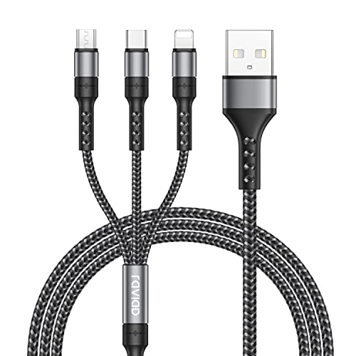 RAVIAD Multi USB Kabel, Universal Ladekabel [1.2M] Nylon Multi USB Ladekabel 3 in 1 mit Micro USB Typ C Lightning Kabel für iPhone 16 15 14 Pro Max, Galaxy S25 S24 S23, Huawei, Pixel, PS5-Grau