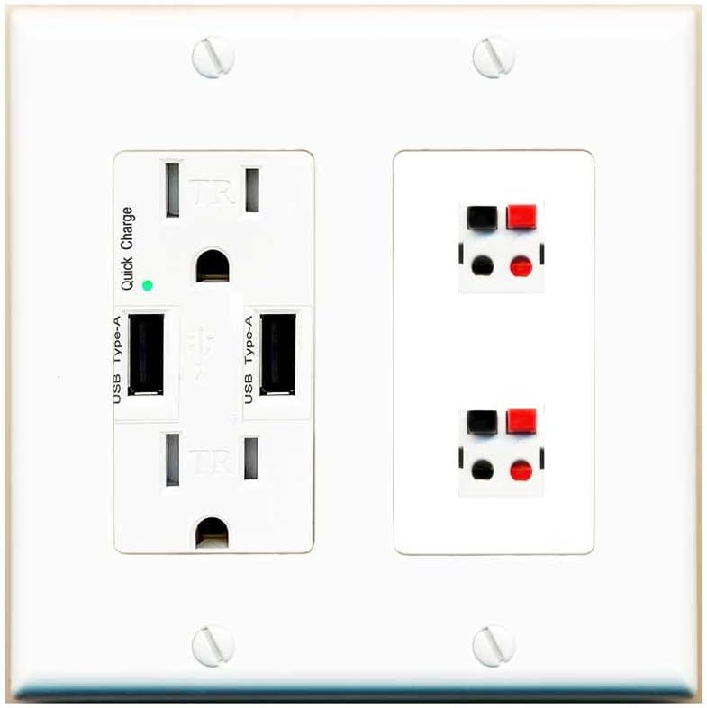 RiteAV 2 Port Speaker Wire Plug Jack Wall Plate - USB Outlet [Red/White]