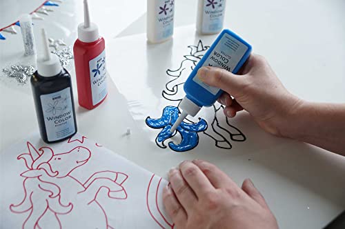 KREUL 42844 - Window Color Set Glitzerwelt, 7 x 80 ml Fenstermalfarben, inkl. 80 ml Konturenfarbe, für kreative Kinder, 2 verschiedene Folie, Glitzerstreu silber und Motivvorlagen