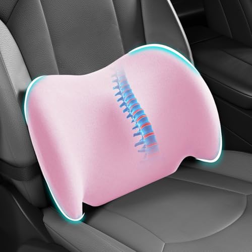Image of BYMECOST Lumbar Support Pillow for Car, Memory Foam Car Seat Back Support Pillow for Driving, Back Cushion with Strap for Pain Relief, Ergonomic Back Cushion for Office Chair, Wheelchair (Pink)