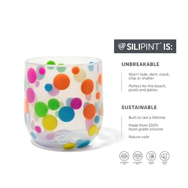 Silipint: Stemless Wine Glasses 12oz: 4 Pack - Polka Dot - Silicone Unbreakable Cups, Hot & Cold Drinks, Dishwasher-Microwave-Freezer-Oven Safe