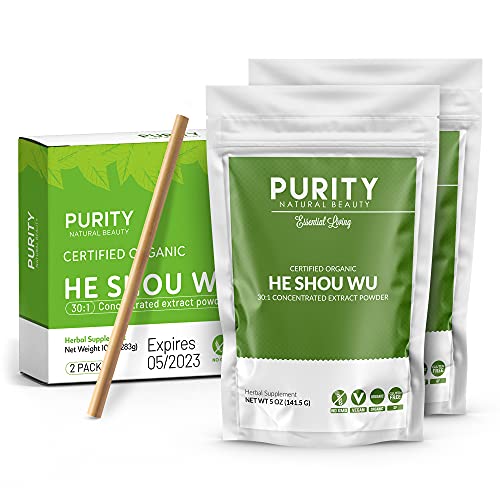 Certified Organic He Shou Wu - Large 5oz Bag of 30:1 Concentrated He Shou Wu Organic Extract Plus Free Bamboo Straw (2 Pack)