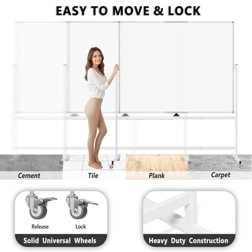 Image of Large Rolling Whiteboard on Wheels, 60 inch x 48 inch Double-Sided Mobile White Board with Stand, 5' x 4' Portable Standing Magnetic Dry Erase Board Easel for Home Office Classroom School, Silver