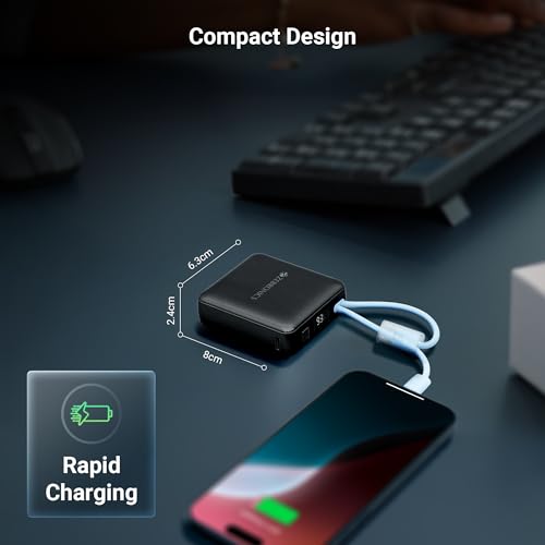 Image of ZEBRONICS EnergiTank 10R1, Compact Power Bank, 10000 mAh, 22.5W Rapid Charging, Built-in Type C & Lightning Cable + Type C Port, LED Percentage Indicator, For iPhone, Android, Tablets, Airpods (Black)