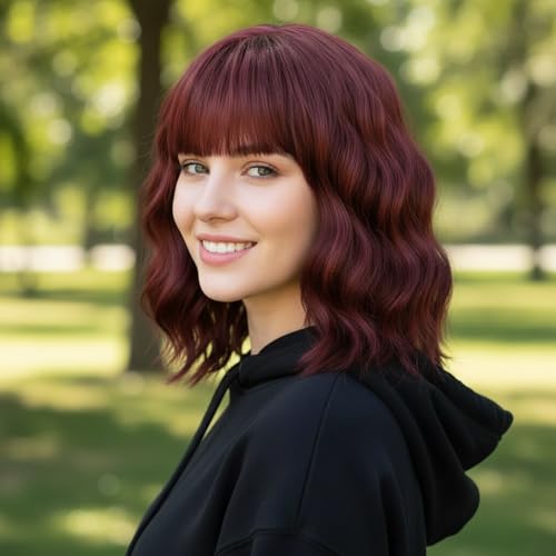 Image of Wine Red Short Wavy Wigs with Bangs Burgundy Wig Shoulder Length 14Inch Synthetic Hair for Women Girl Colorful Cosplay Wig Synthetic Heat Resistant Fiber Hair for Daily Party Halloween(118A#WineRed)