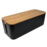 Power Cable Organizer Box - Computer, TV, HDMI Cord Organizer - Surge Protector Charger Dust Cover - Black Plastic Decorative Wooden Style for Baby-Proofing and Pet Safety and Declutter Desk Wires