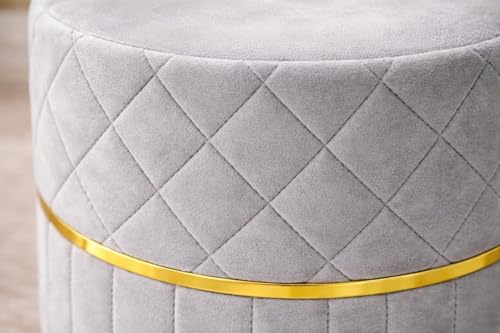 Image of Premium Velvet Ottoman Stool with Gold Base | Round Puffy Footrest with Diamond Quilting | Soft Seating for Living Room, Bedroom & Dressing Area (Set of 2 Silver Grey)