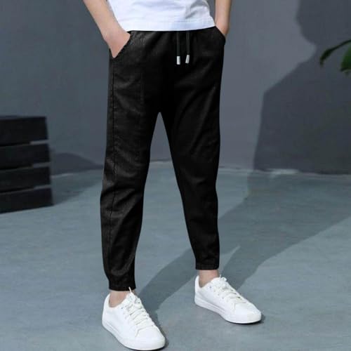 2 Pack Boys Linen Sweatpants Drawstring Jogger Trousers Casual Lightweight Athletic Pants for Kids School Uniform Pants3