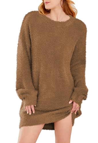 Pink Queen Damen Mini Pulloverkleid Rundhals Pullover Übergroßer Puffärmel Langarm Pelziger Strick-Minikleid Braun XL