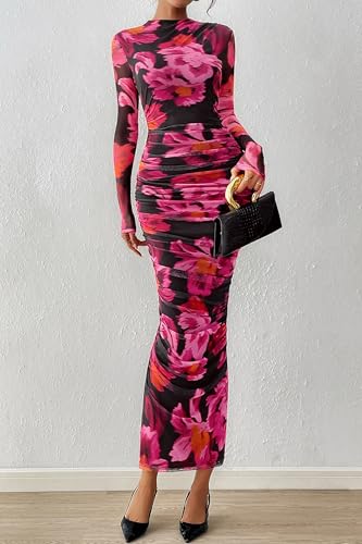 Image of PRETTYGARDEN Long Sleeve Maxi Dresses for Women Wedding Guest Fall Outfits | Ruched Bodycon Dress Long, Floral Mesh, Date Night, Formal Cocktail Party, Homecoming Holiday Dresses