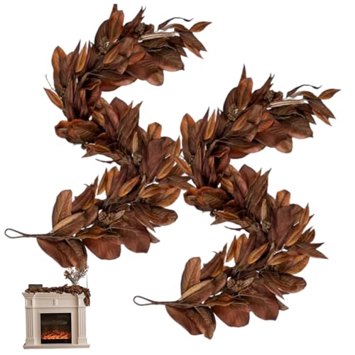 Fall Leaves Garland 2Pcs 72 Inch Lifelike Artificial Brown Magnolia Garland Seasonal Hanging Rustic for Fireplace Mantel Home Outdoor