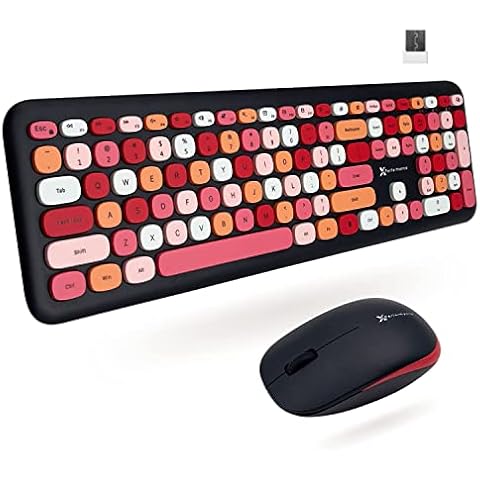 X9 Cute Keyboard and Mouse Combo - 2.4Ghz- Transform Your Space with a Colorful Wireless Keyboard and Mouse Retro Set for PC and Chrome - Black/Lipstick Aesthetic Cover