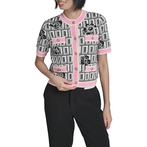 Karl Lagerfeld CardigĂŁ feminino brilhante com detalhes florais, Branco macio/preto/rosa, GG