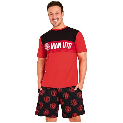 Manchester United Schlafanzug Herren Kurz, Pyjama Set T-Shirt & Schlafshorts - Fußball Geschenke Männer(Schwarz/Rot AOP, M)