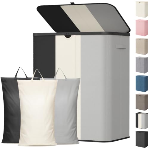 Image of Lifewit 185L 3 Section Laundry Hamper with Lid, Large Laundry Basket with Handles and Removable Bags, Tall Clothes Hamper, Foldable Laundry Sorter for Bedroom Bathroom, Black, Gray, and White