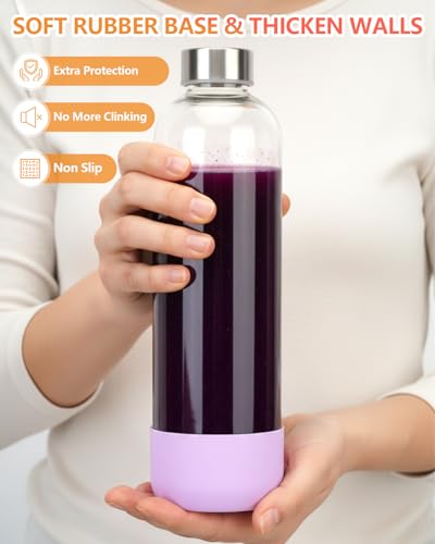 Image of Zukro 32 oz Glass Juice Bottles With Lids, 3 Pack Large Clear Glass Bottle with Airtight Stainless Steel Lids For Juicing, Water, Homemade Drinks, Non-slip Silicone Base, Leak Proof & BPA Free