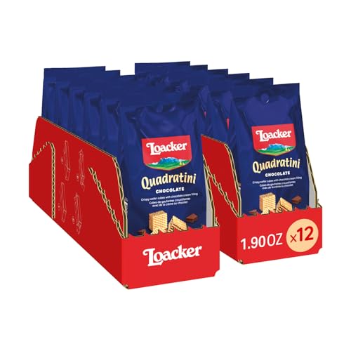 Loacker Quadratini Chocolate Bite-Size Wafer Cookies, Crispy Wafers with 4 Creamy Layers of Chocolate Cream Filling, New On-the-Go Pack, Box of 12