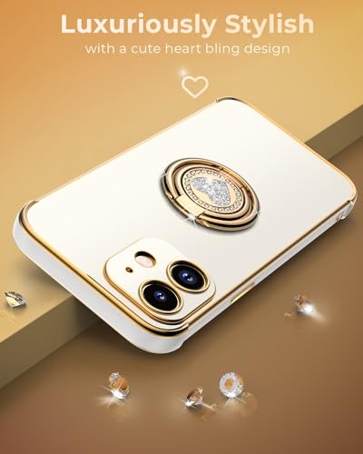 Image of XYZ for iPhone 11 Back Cover Case with Ring, Double Ring Holder Stand Case Heart with Strap for Girls Women, Luxury Cute Bling Protective Phone Cover Case for iPhone 11, White