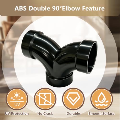Image of LESSO 2 inch Double 90 Degree ABS Elbow, ABS Straight Tee, Black DWV | ABS Pipe Fittings, Vintage DIY Industrial Shelving, Industrial Decoration, Furniture DIY