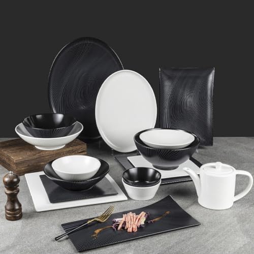 UMJIGF Ceramic Tableware Hotel Restaurant Black and White Grain Plate Vertical Stripes Private Room Dishes
