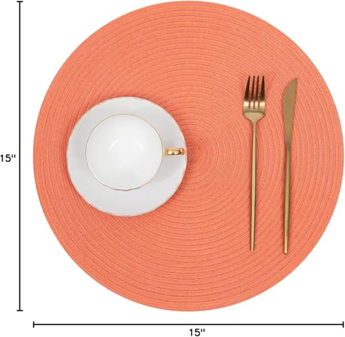 Image of SHACOS Round Braided Placemats Set of 6 Washable Cotton Polyester Round Placemats for Kitchen Table 15 inch Round Table Mats (Coral, 6)