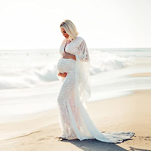 XAOXAO Schwangerschafts Umstandskleid Schwangere Fotoshooting Premium Spitzenkleid Elegant V-Ausschnitt Spitzenkleid Festlich Party für Fotos Festlich Party Mütter Geschenke Schwangere,White,S Cover