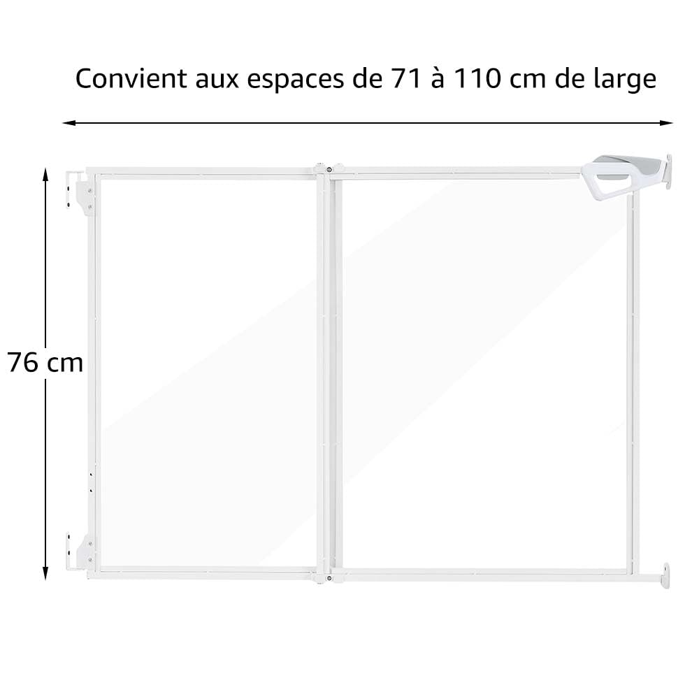 unipaws Barrière Transparente pour Chiens et Chats sans Barre au Sol, Ouverture Double Sens à Une Main, Usage intérieur/extérieur, pour Portes et escaliers, réglable 71–110 cm, Hauteur 76 cm