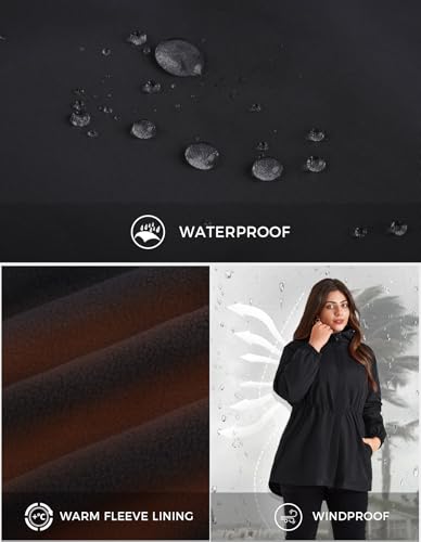 Hanna Nikole Women's Long Rain Jacket Plus Size Fleece Lined Waterproof Hooded Rain Coat Lightweight Pockets Windbreaker Trip4