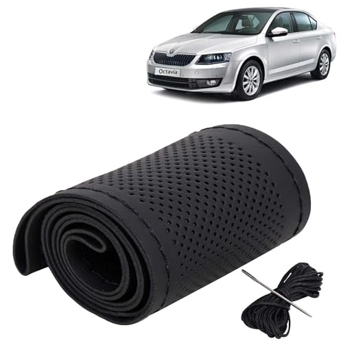 Image of KINGSWAY PU Leatherite Car Steering Cover Sewable Compatible with Skoda Octavia (Year 2013-2018), Black Color with Black Thread, Pack of 1 with Sewing Needle and Thread