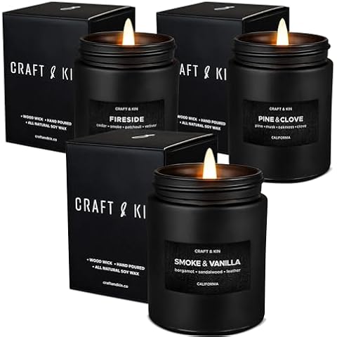 Craft & Kin Black Scented Candles Bundle | Wood & Vanilla, Smokey Fireside, Pine & Clove Scented Candles for Men | Soy Candles for Home Scented | Masculine Candle, Mens Candles for Bedroom Cover