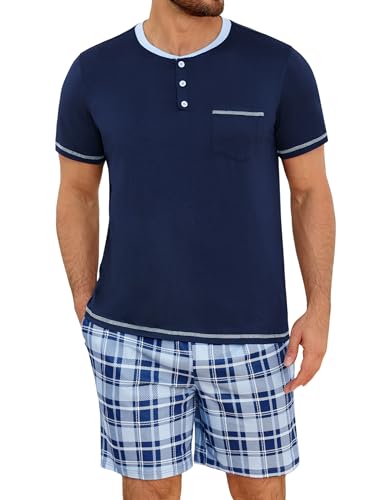 Uniexcosm Pijama Corto de Hombre,Algodón Verano Conjunto de Pijama 2 Piezas Manga Corta con Bolsillos Y Pantalón a Ligero Cuadros Suave Y Cómodo Ropa de Casa Hombre,Z Azul Marino,L