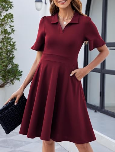 Image of Mokayee Womens Summer Ruffle Sleeve Collared V Neck Fit and Flare Elegant A line Swing Dresses with Pockets