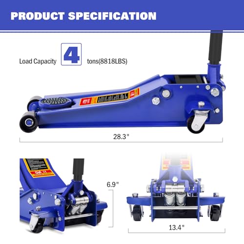 Oarlike 4 Ton Hydraulic Floor Jack, Low Profile Steel Racing Car Jack with Dual Pistons Quick Lift Pump, Heavy Duty Jack for Truck, SUV, MPV (8,800 lbs Capacity, Blue) - Thumbnail 5