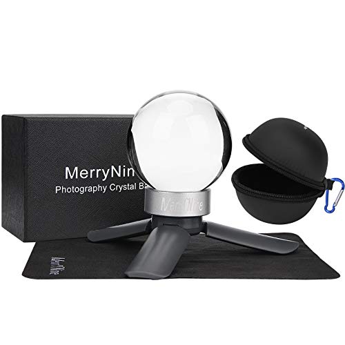 MerryNine K9 Crystal Photography Ball, K9 Lens Crystal Ball with Mini Tripod, Universal Camera Interface Round Metal Base and Pouch, for Photo Teaching Light Spectrum Physics Art Decor (60mm)