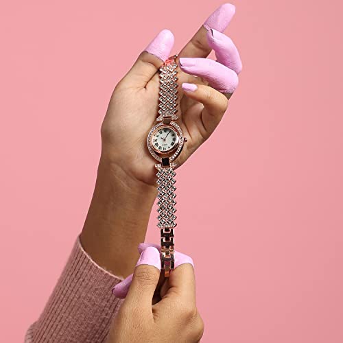 Image of Haute Sauce Women's Embellished Analog Dial with Stainless Steel Strap | Battery Power | Foldover Closure | Quartz Movement | Fashion Wrist Belt Watch for Female and Girls