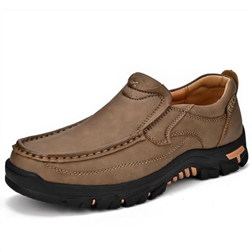 Men's Slip-On Leather Platform Walking Loafers Outdoor Lightweight Non-Slip Soft Sole Hiking Shoes Comfortable Work Office Moccasins Shoes