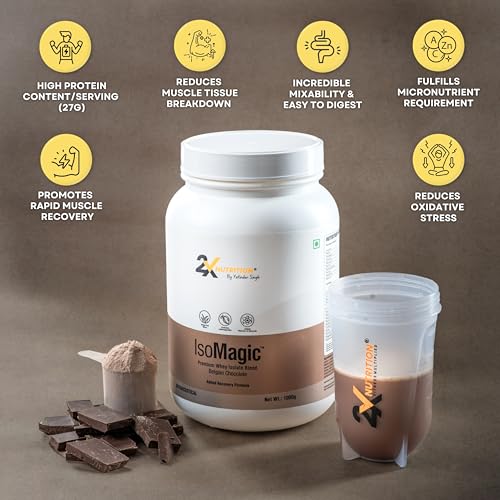 Image of 2X Nutrition Premium Whey Isolate Blend Protein Powder ISOMAGIC with Ashwagandha, 27g Protein, Low Fat & Carbs, for Faster Muscle Growth, Added Free-Form BCAA & L-Glutamine, Belgian Chocolate, 1Kg