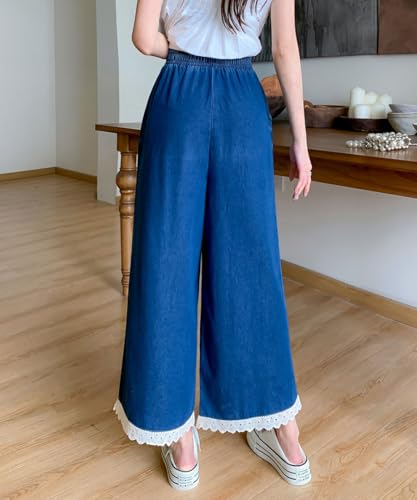 chouyatou Women's Casual Elastic Waist Denim Pants Lace Eyelet Hem Wide Leg Jean Capris Palazzo Culottes with Pockets4