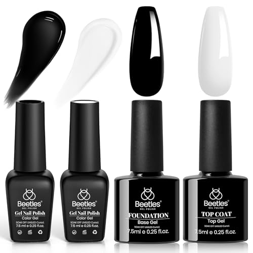 Image of Beetles Black White Gel Polish - Black White Colors Gel Polish Kit 4Pcs Gel with No Wipe Top & Base Coat Nail Kit Soak Off UV LED Lamp Manicure Salon DIY Home