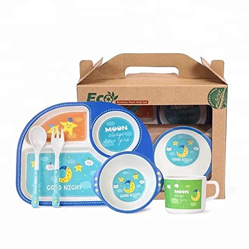 CherryBox Dinnerware Plate Set for Kids - Cartoon Design Crockery Set - Bamboo Fiber Eco Friendly (Blue Sky - 5 Pc Set) 2