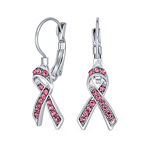 Image of Bling Jewelry Crystal Pink Breast Cancer Awareness Support Ribbon Earrings For Women Lever Back Rhodium Plated