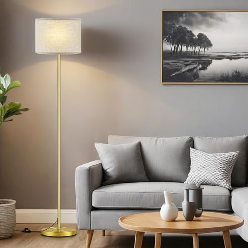 Image of Ambimall 60'' Modern Floor Lamp with Shade, Tall Lamps for Living Room, Bedroom, Office, Dining Room, Beige Shade with Brushed Gold Pole(Without Bulb)