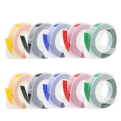 CHAILLY 9mm 3/8 Inch 3D Plastic Embossing Labels Compatible for Dymo Embossing Label Maker Organizer Xpress Pro 12965 DYM12966 Office Mate II, White on Black/Red/Blue/Green/Yellow, 10-Roll