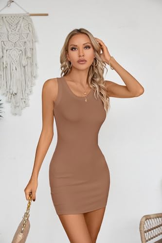 Image of VICHYIE Womens Summer Tank Dress Scoop Neck Ribbed Sleeveless Bodycon Mini Slim Fitted Pencil Dresses